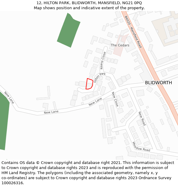 12, HILTON PARK, BLIDWORTH, MANSFIELD, NG21 0PQ: Location map and indicative extent of plot