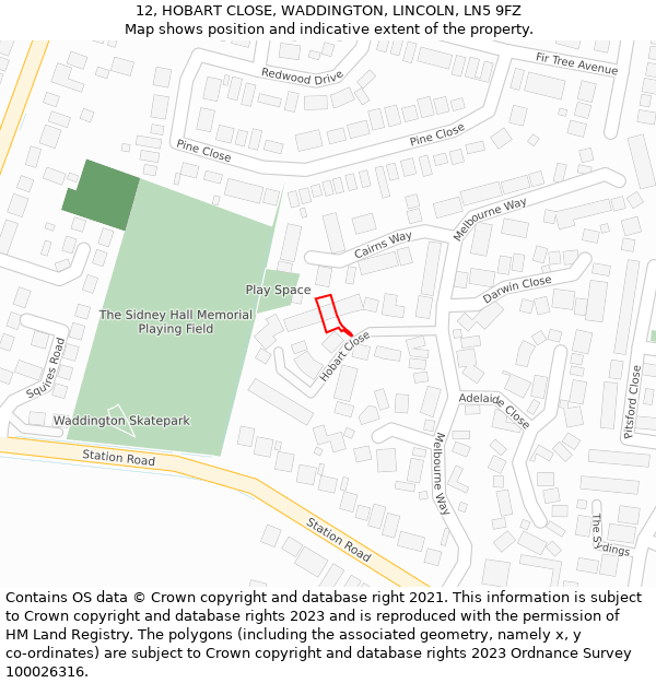 12, HOBART CLOSE, WADDINGTON, LINCOLN, LN5 9FZ: Location map and indicative extent of plot