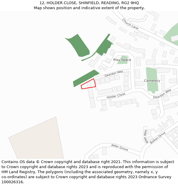 12, HOLDER CLOSE, SHINFIELD, READING, RG2 9HQ: Location map and indicative extent of plot