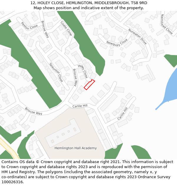 12, HOLEY CLOSE, HEMLINGTON, MIDDLESBROUGH, TS8 9RD: Location map and indicative extent of plot