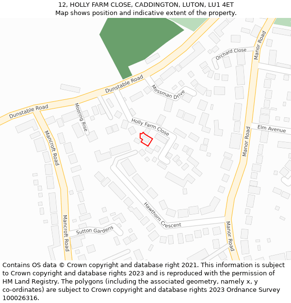 12, HOLLY FARM CLOSE, CADDINGTON, LUTON, LU1 4ET: Location map and indicative extent of plot