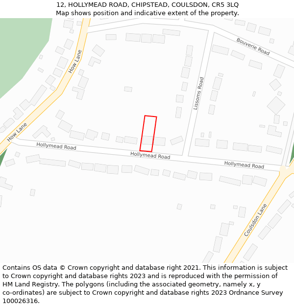 12, HOLLYMEAD ROAD, CHIPSTEAD, COULSDON, CR5 3LQ: Location map and indicative extent of plot