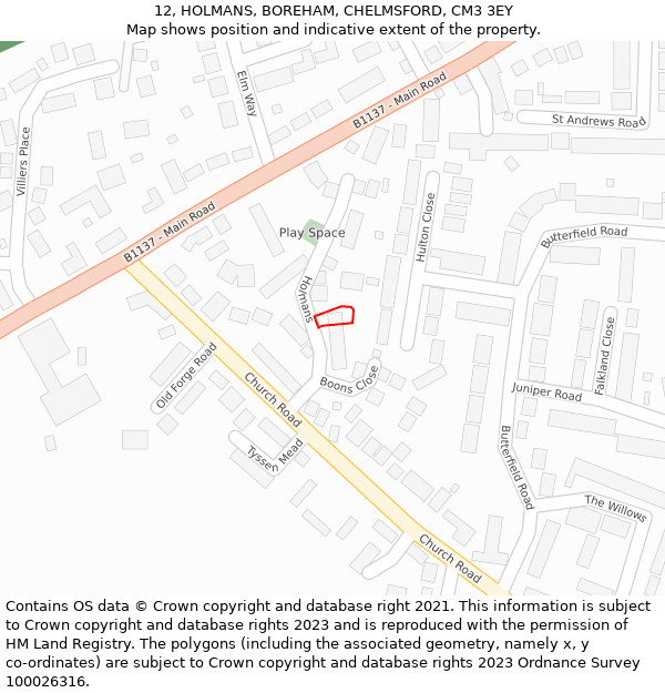 12, HOLMANS, BOREHAM, CHELMSFORD, CM3 3EY: Location map and indicative extent of plot