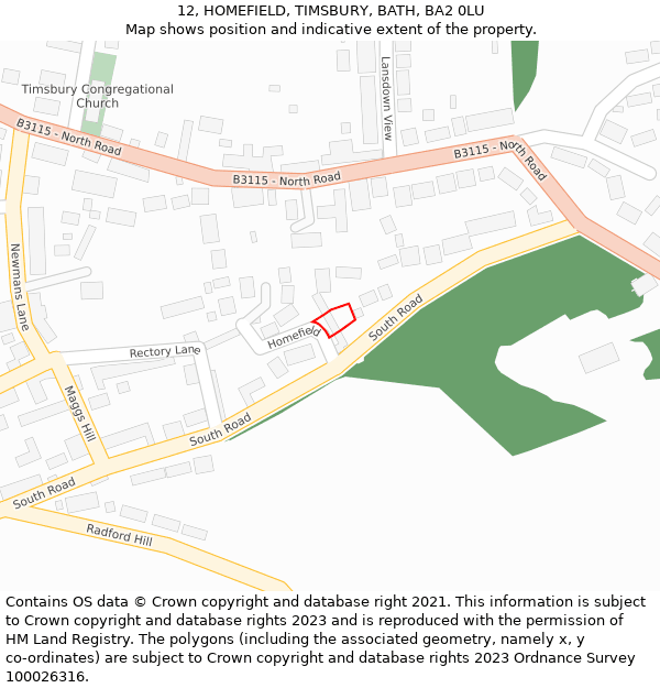 12, HOMEFIELD, TIMSBURY, BATH, BA2 0LU: Location map and indicative extent of plot