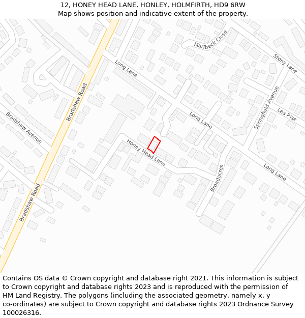 12, HONEY HEAD LANE, HONLEY, HOLMFIRTH, HD9 6RW: Location map and indicative extent of plot