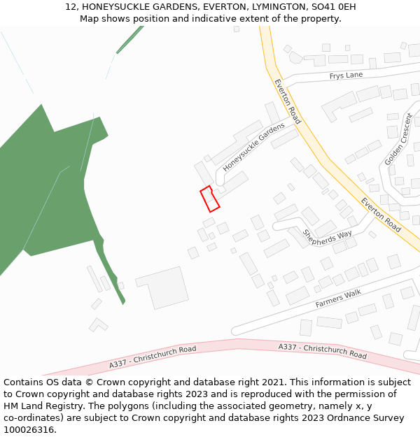 12, HONEYSUCKLE GARDENS, EVERTON, LYMINGTON, SO41 0EH: Location map and indicative extent of plot