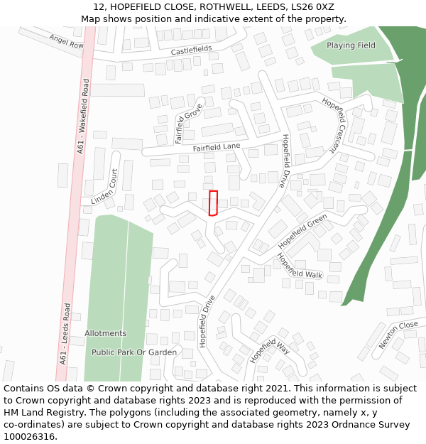 12, HOPEFIELD CLOSE, ROTHWELL, LEEDS, LS26 0XZ: Location map and indicative extent of plot