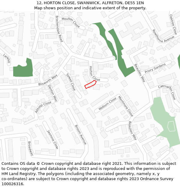 12, HORTON CLOSE, SWANWICK, ALFRETON, DE55 1EN: Location map and indicative extent of plot