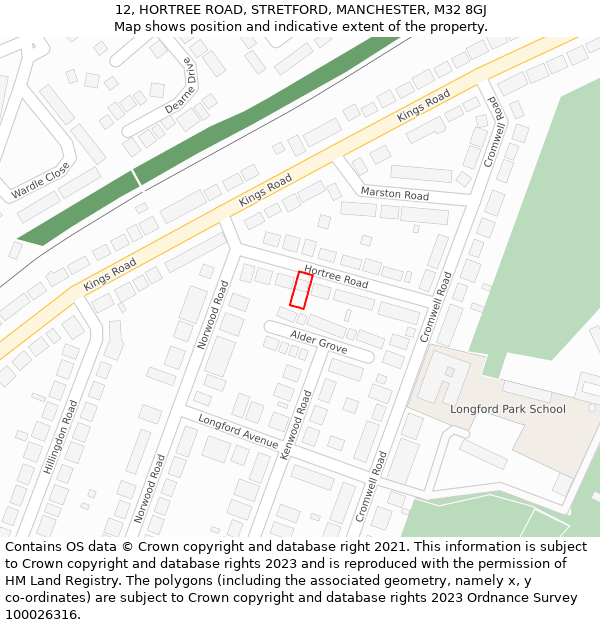 12, HORTREE ROAD, STRETFORD, MANCHESTER, M32 8GJ: Location map and indicative extent of plot