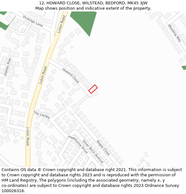 12, HOWARD CLOSE, WILSTEAD, BEDFORD, MK45 3JW: Location map and indicative extent of plot