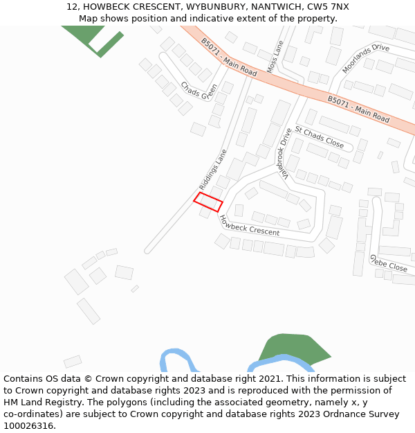 12, HOWBECK CRESCENT, WYBUNBURY, NANTWICH, CW5 7NX: Location map and indicative extent of plot