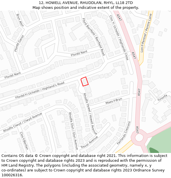 12, HOWELL AVENUE, RHUDDLAN, RHYL, LL18 2TD: Location map and indicative extent of plot