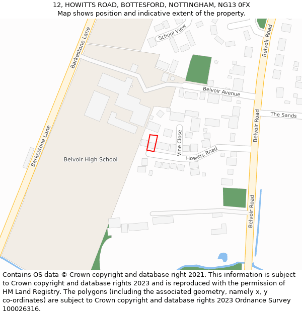 12, HOWITTS ROAD, BOTTESFORD, NOTTINGHAM, NG13 0FX: Location map and indicative extent of plot