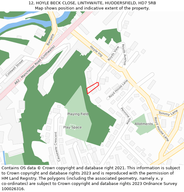 12, HOYLE BECK CLOSE, LINTHWAITE, HUDDERSFIELD, HD7 5RB: Location map and indicative extent of plot