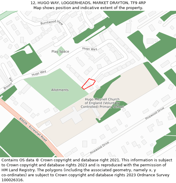 12, HUGO WAY, LOGGERHEADS, MARKET DRAYTON, TF9 4RP: Location map and indicative extent of plot