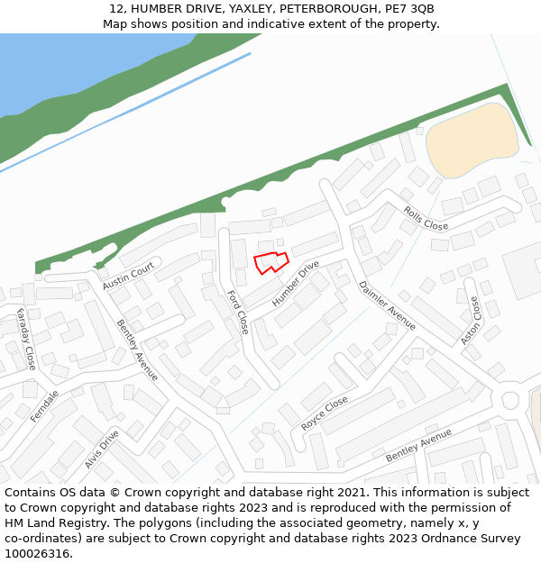 12, HUMBER DRIVE, YAXLEY, PETERBOROUGH, PE7 3QB: Location map and indicative extent of plot