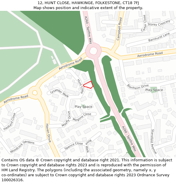 12, HUNT CLOSE, HAWKINGE, FOLKESTONE, CT18 7FJ: Location map and indicative extent of plot