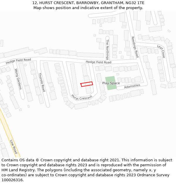 12, HURST CRESCENT, BARROWBY, GRANTHAM, NG32 1TE: Location map and indicative extent of plot