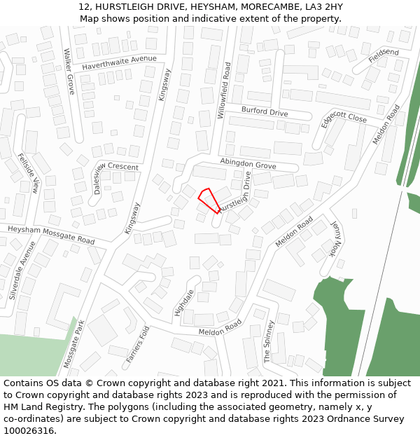 12, HURSTLEIGH DRIVE, HEYSHAM, MORECAMBE, LA3 2HY: Location map and indicative extent of plot