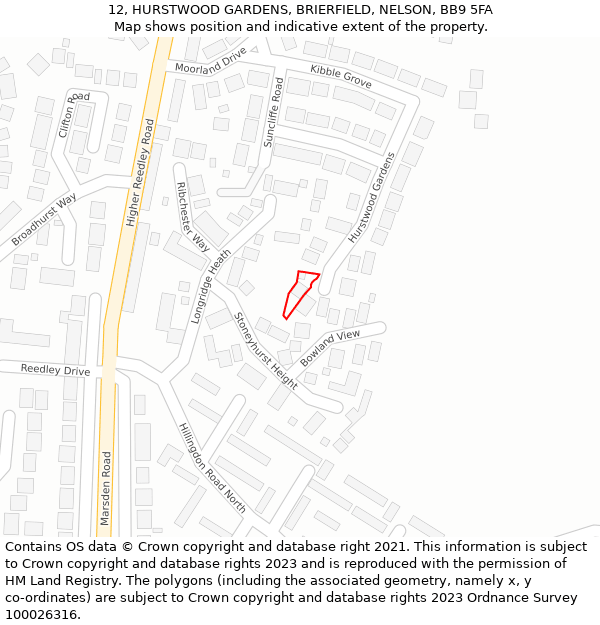 12, HURSTWOOD GARDENS, BRIERFIELD, NELSON, BB9 5FA: Location map and indicative extent of plot