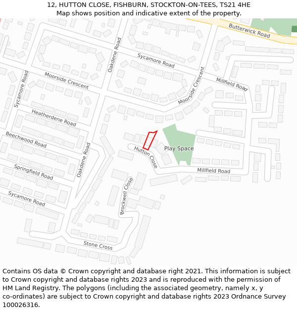 12, HUTTON CLOSE, FISHBURN, STOCKTON-ON-TEES, TS21 4HE: Location map and indicative extent of plot