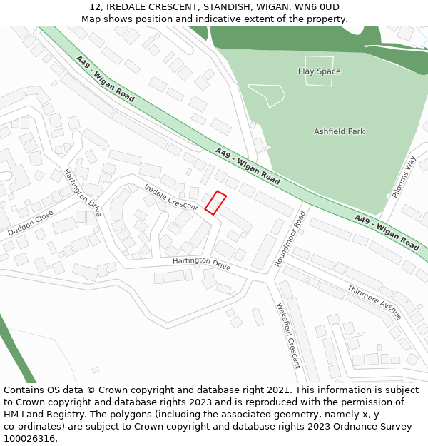 12, IREDALE CRESCENT, STANDISH, WIGAN, WN6 0UD: Location map and indicative extent of plot