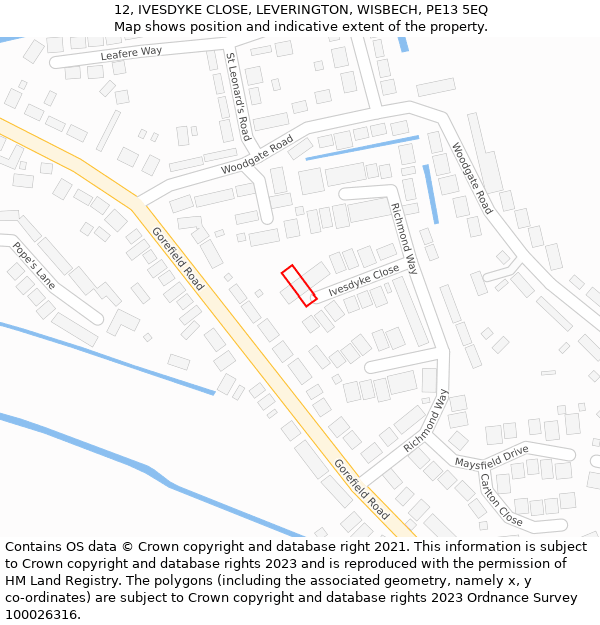 12, IVESDYKE CLOSE, LEVERINGTON, WISBECH, PE13 5EQ: Location map and indicative extent of plot