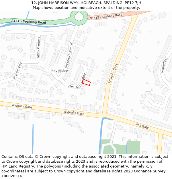 12, JOHN HARRISON WAY, HOLBEACH, SPALDING, PE12 7JH: Location map and indicative extent of plot