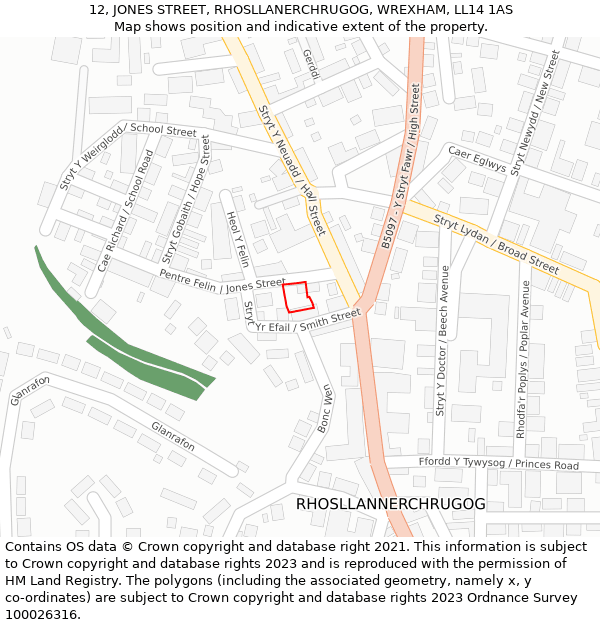 12, JONES STREET, RHOSLLANERCHRUGOG, WREXHAM, LL14 1AS: Location map and indicative extent of plot