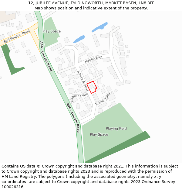 12, JUBILEE AVENUE, FALDINGWORTH, MARKET RASEN, LN8 3FF: Location map and indicative extent of plot