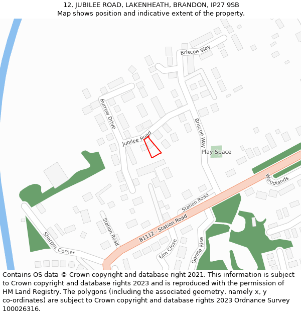 12, JUBILEE ROAD, LAKENHEATH, BRANDON, IP27 9SB: Location map and indicative extent of plot