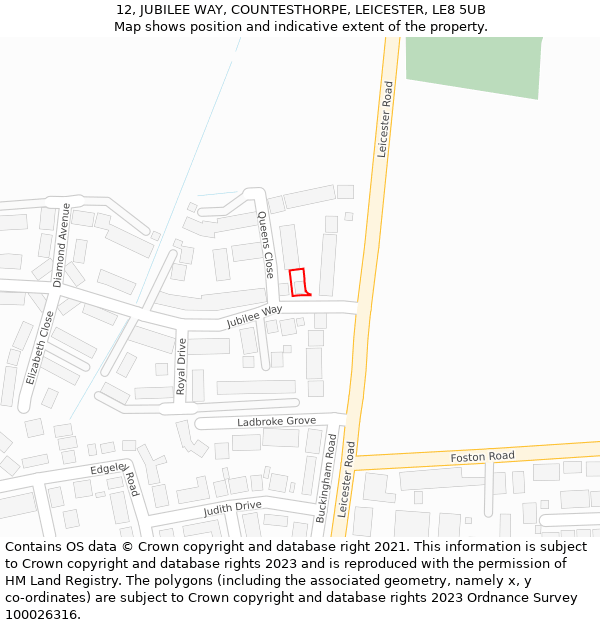 12, JUBILEE WAY, COUNTESTHORPE, LEICESTER, LE8 5UB: Location map and indicative extent of plot