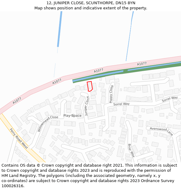 12, JUNIPER CLOSE, SCUNTHORPE, DN15 8YN: Location map and indicative extent of plot