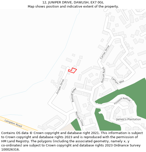12, JUNIPER DRIVE, DAWLISH, EX7 0GL: Location map and indicative extent of plot