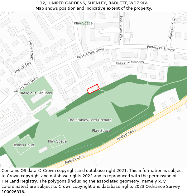 12, JUNIPER GARDENS, SHENLEY, RADLETT, WD7 9LA: Location map and indicative extent of plot