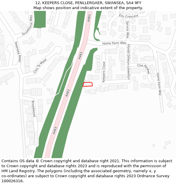 12, KEEPERS CLOSE, PENLLERGAER, SWANSEA, SA4 9FY: Location map and indicative extent of plot