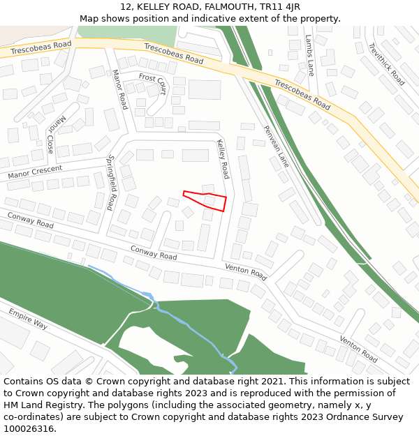 12, KELLEY ROAD, FALMOUTH, TR11 4JR: Location map and indicative extent of plot