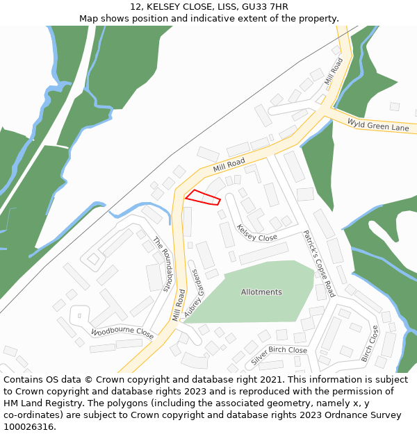 12, KELSEY CLOSE, LISS, GU33 7HR: Location map and indicative extent of plot