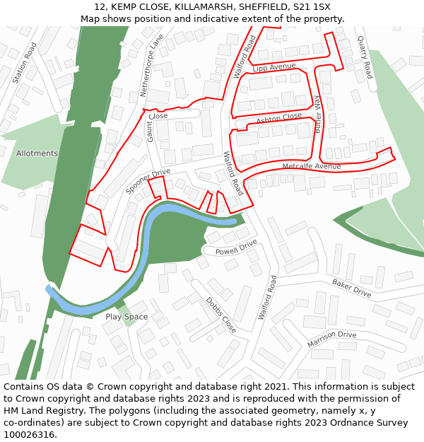 12, KEMP CLOSE, KILLAMARSH, SHEFFIELD, S21 1SX: Location map and indicative extent of plot