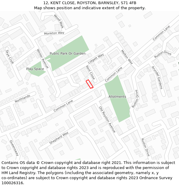 12, KENT CLOSE, ROYSTON, BARNSLEY, S71 4FB: Location map and indicative extent of plot