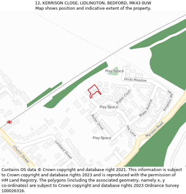 12, KERRISON CLOSE, LIDLINGTON, BEDFORD, MK43 0UW: Location map and indicative extent of plot