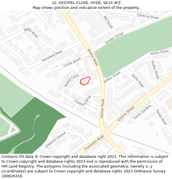 12, KESTREL CLOSE, HYDE, SK14 4FZ: Location map and indicative extent of plot