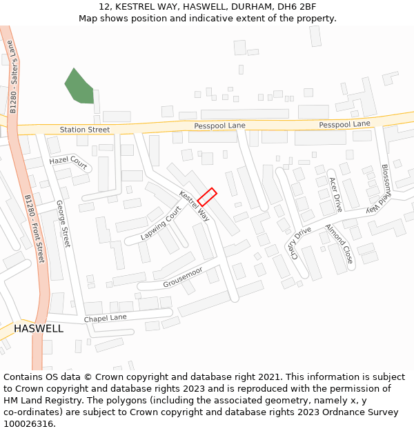 12, KESTREL WAY, HASWELL, DURHAM, DH6 2BF: Location map and indicative extent of plot