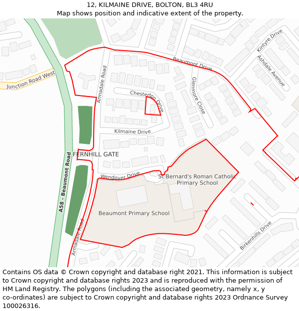 12, KILMAINE DRIVE, BOLTON, BL3 4RU: Location map and indicative extent of plot