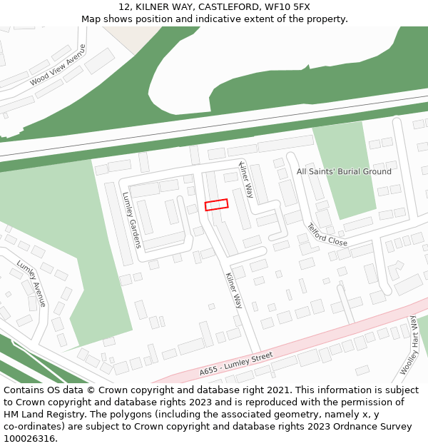 12, KILNER WAY, CASTLEFORD, WF10 5FX: Location map and indicative extent of plot