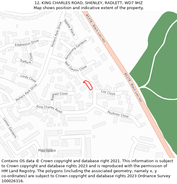 12, KING CHARLES ROAD, SHENLEY, RADLETT, WD7 9HZ: Location map and indicative extent of plot