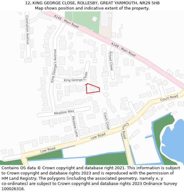 12, KING GEORGE CLOSE, ROLLESBY, GREAT YARMOUTH, NR29 5HB: Location map and indicative extent of plot