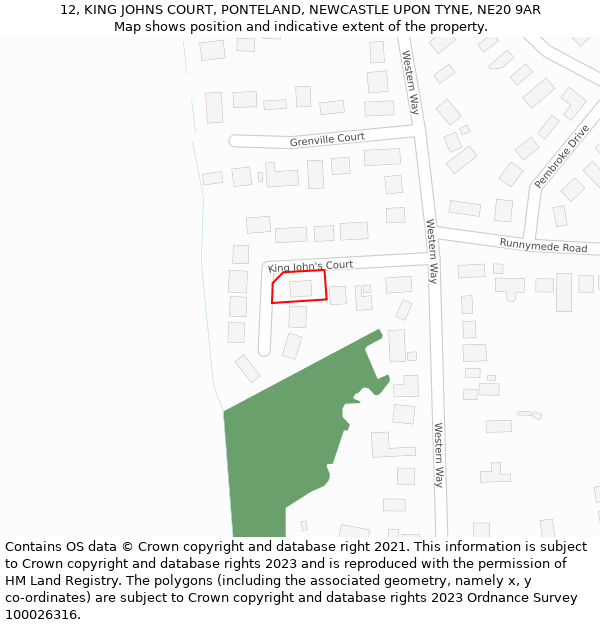 12, KING JOHNS COURT, PONTELAND, NEWCASTLE UPON TYNE, NE20 9AR: Location map and indicative extent of plot