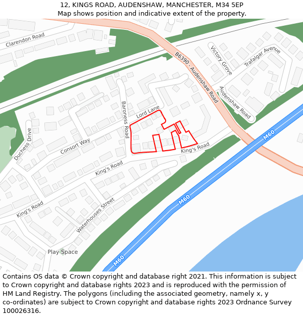 12, KINGS ROAD, AUDENSHAW, MANCHESTER, M34 5EP: Location map and indicative extent of plot