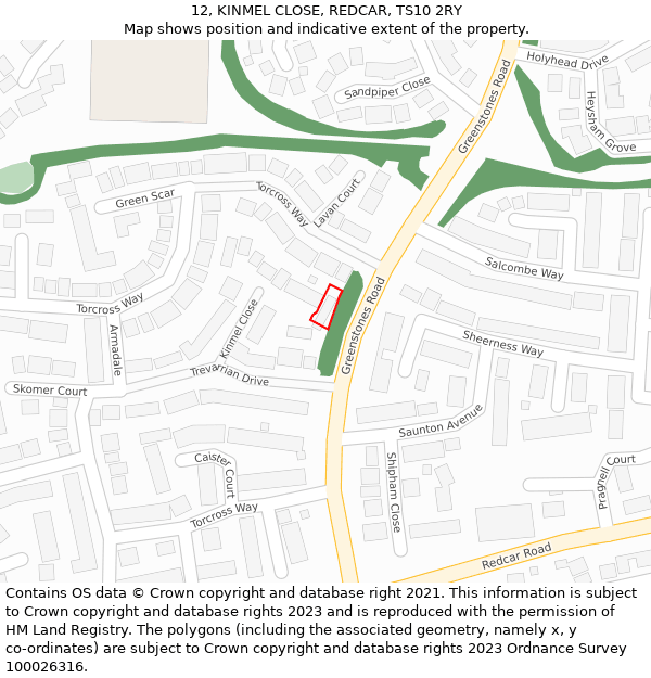 12, KINMEL CLOSE, REDCAR, TS10 2RY: Location map and indicative extent of plot